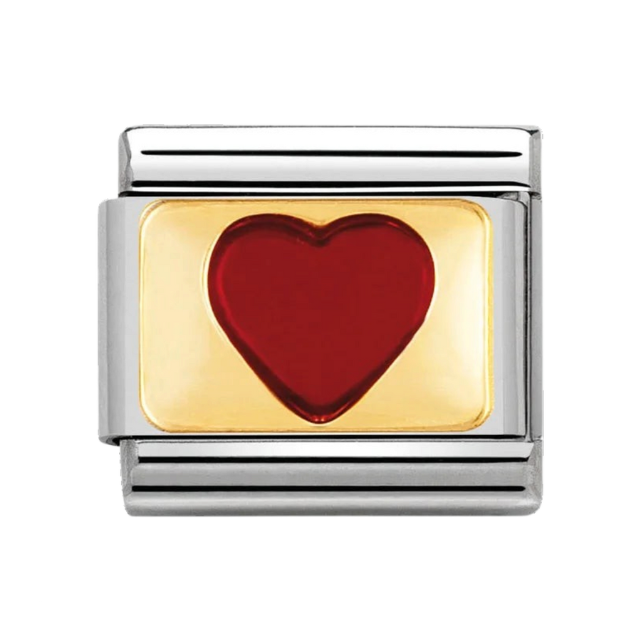 Niche Jewellery Nomination charm featuring a glossy red enamel heart set in 18k gold and stainless steel