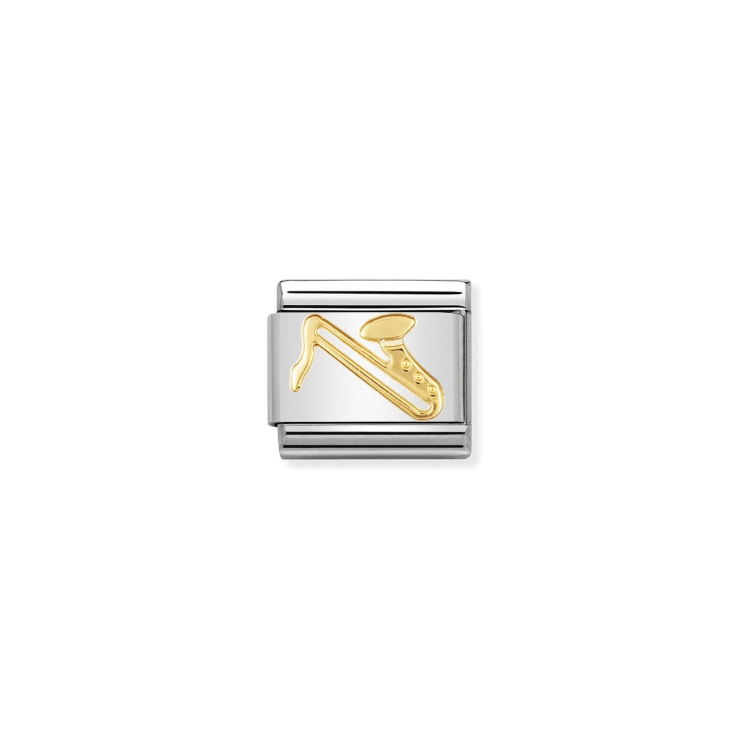 Niche Jewellery stainless steel charm with 18k yellow gold saxophone design.