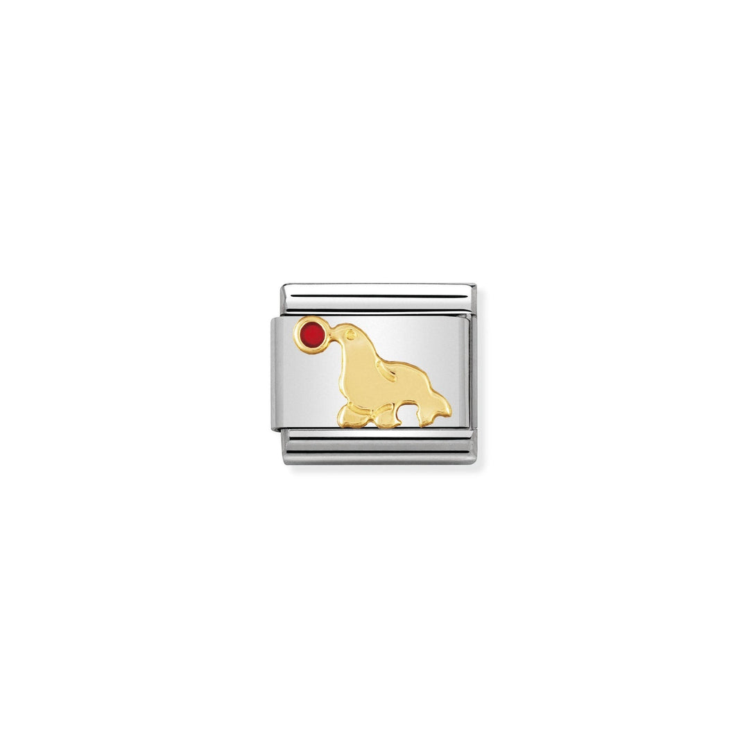 Niche Jewellery stainless steel charm with 18k gold seal and red enamel ball detail.