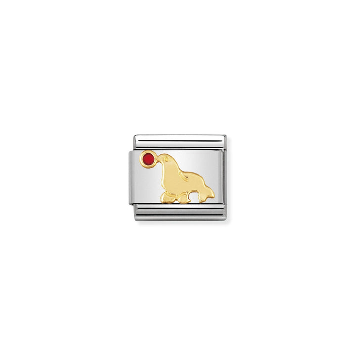 Niche Jewellery stainless steel charm with 18k gold seal and red enamel ball detail.