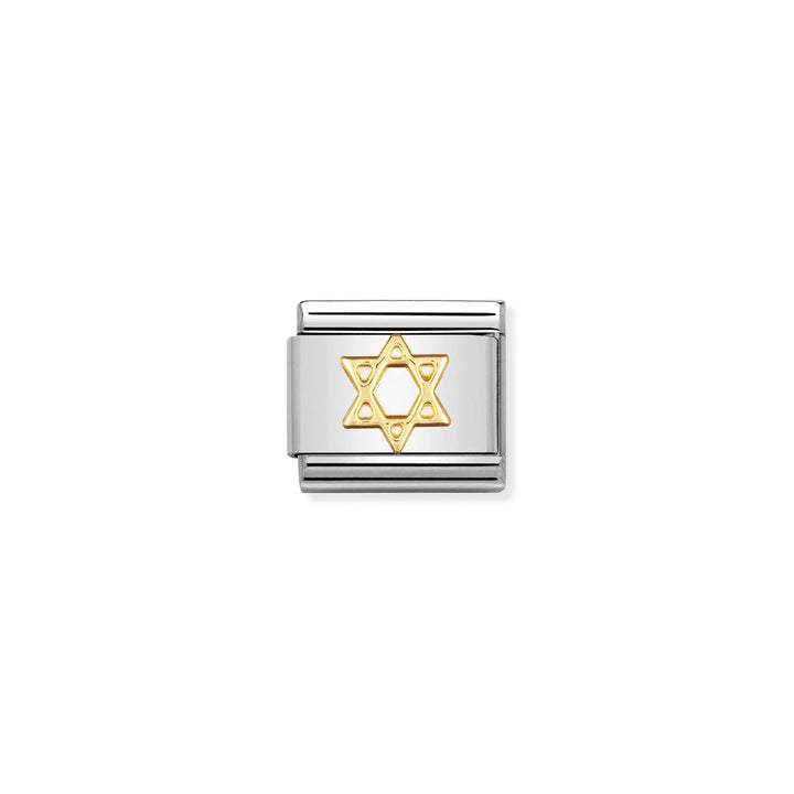 Niche Jewellery Nomination charm featuring a gold Star of David on a polished stainless steel link