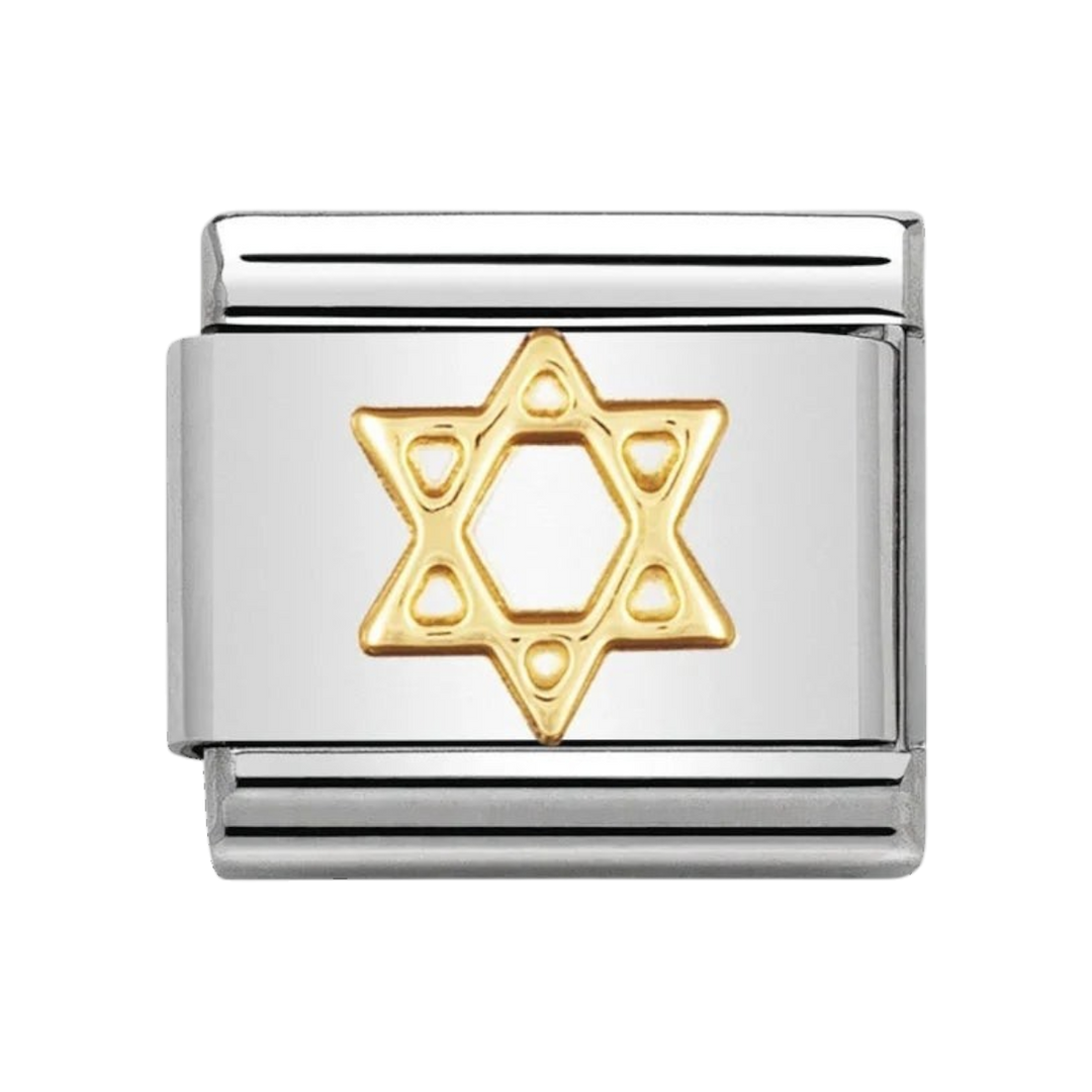Niche Jewellery Nomination charm featuring an 18k gold Star of David on a polished stainless steel link.