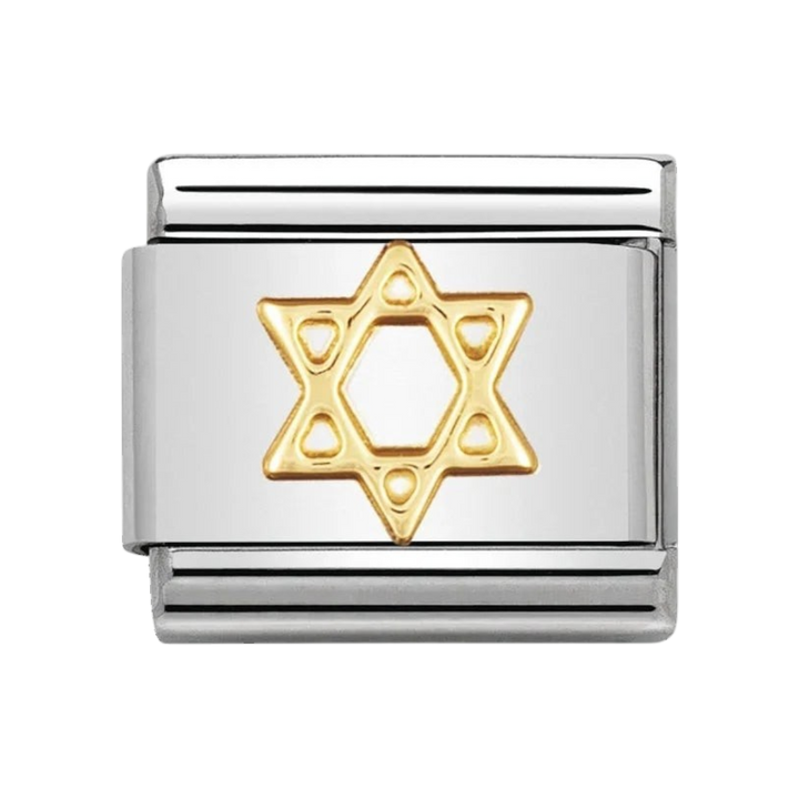 Niche Jewellery Nomination charm featuring an 18k gold Star of David on a polished stainless steel link.