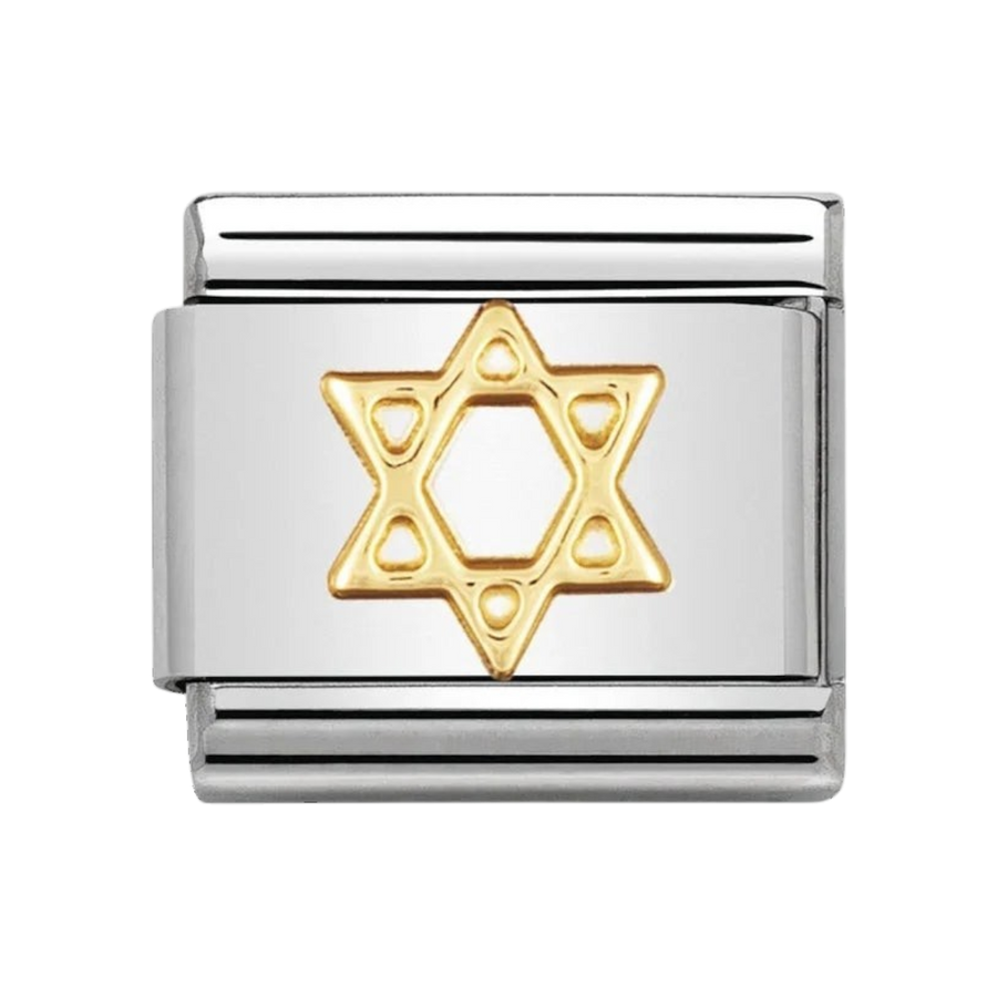 Niche Jewellery Nomination charm featuring an 18k gold Star of David on a polished stainless steel link.