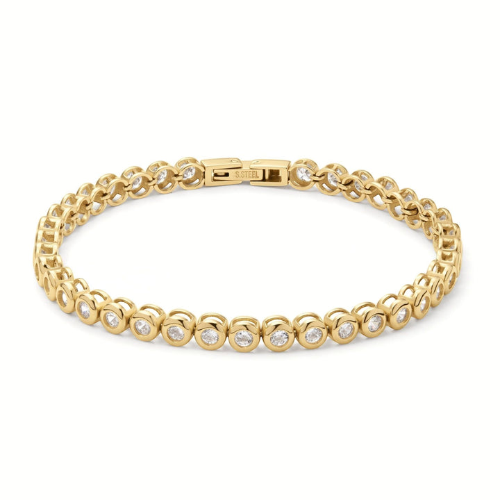 D.Louise gold bezel tennis bracelet with clear stones, waterproof and tarnish-free.