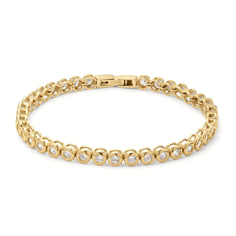 D.Louise gold bezel tennis bracelet with clear stones, waterproof and tarnish-free.