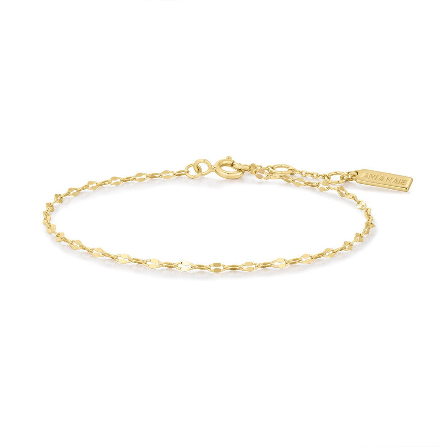 Niche Jewellery Ania Haie gold textured chain bracelet with delicate links and a branded tag on a white background