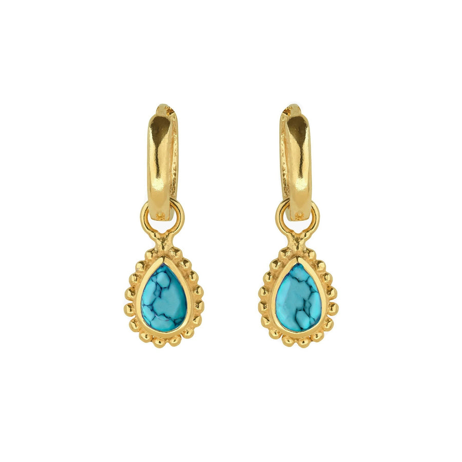Niche Jewellery Charlotte's Web gold huggie hoop earrings featuring pear-shaped turquoise stones with beaded detailing.