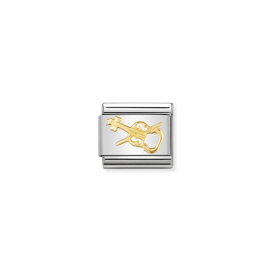 Niche Jewellery Nomination charm featuring a yellow 18k gold violin on a polished stainless steel link.