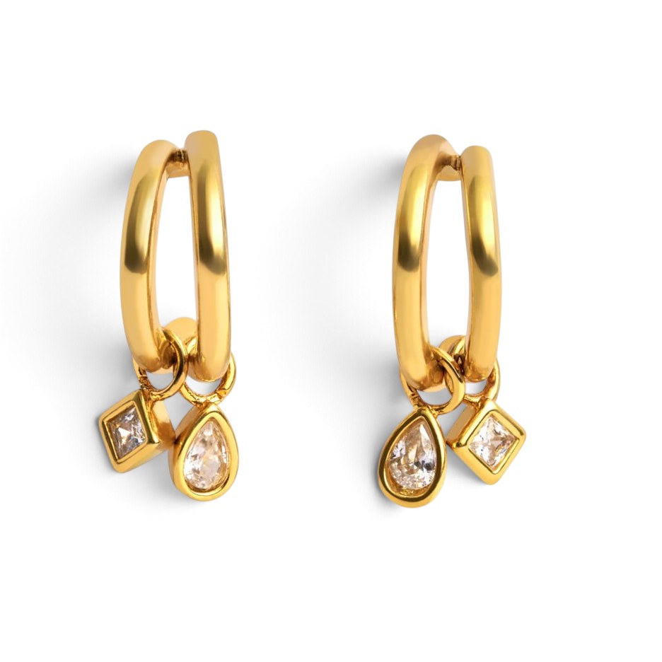 Niche Jewellery Katie Loxton gold-tone waterproof drop earrings featuring double hoops and sparkling crystal charms.