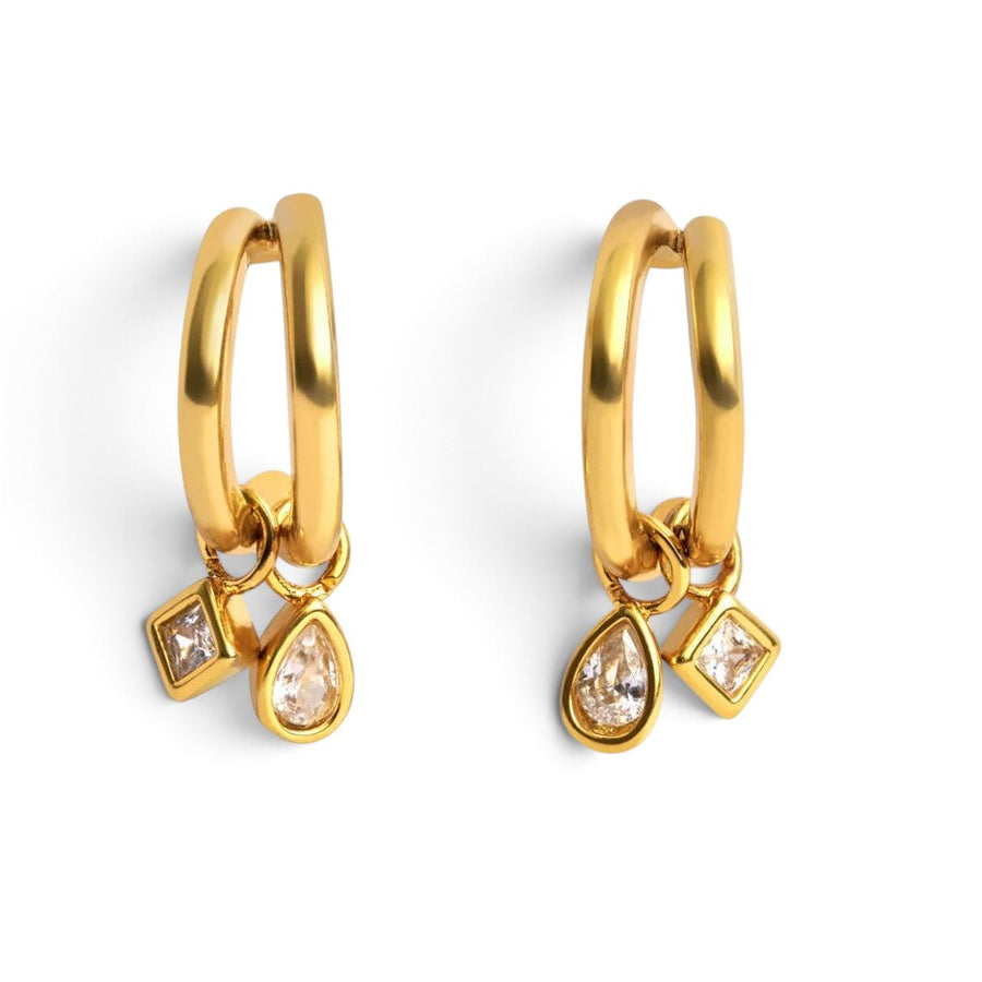 Niche Jewellery Katie Loxton gold-tone waterproof drop earrings featuring double hoops and sparkling crystal charms.