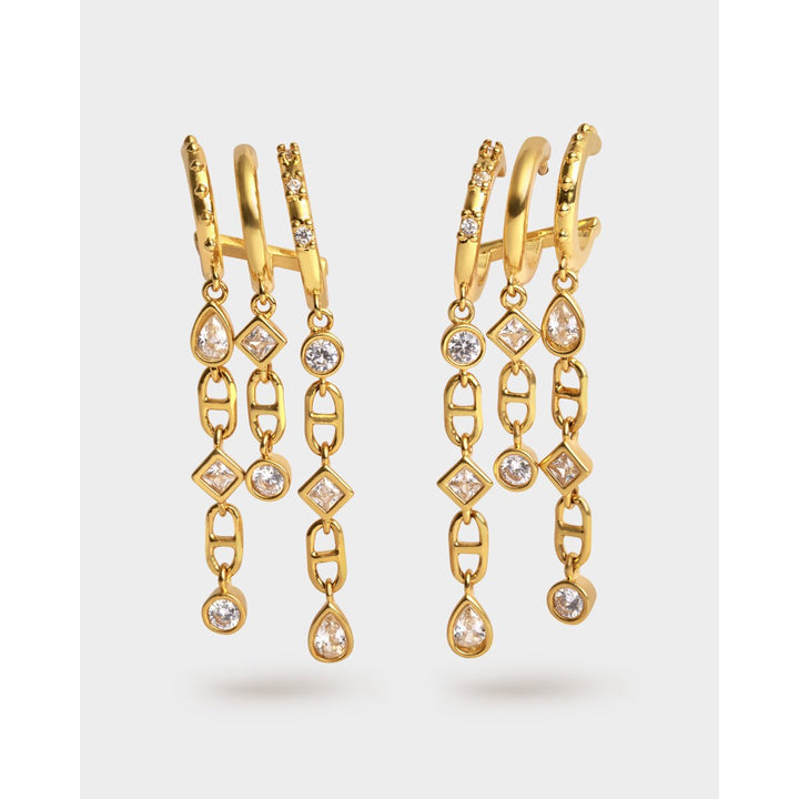 Niche Jewellery Katie Loxton gold-tone waterproof drop earrings with sparkling crystal accents and chain links.
