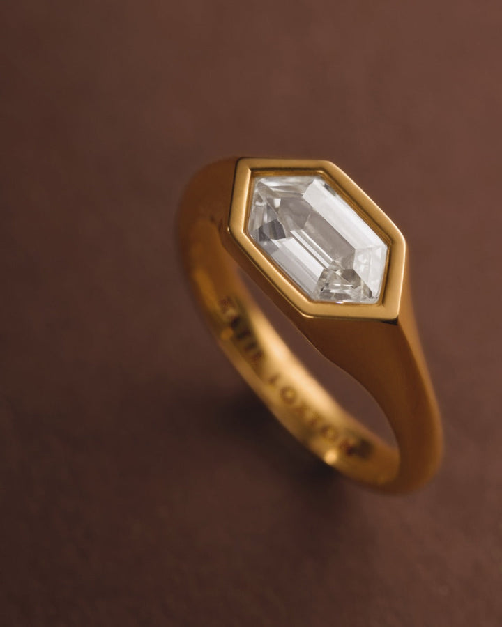 Niche Jewellery Katie Loxton gold-tone waterproof statement ring with a wide band and a central baguette-cut stone.