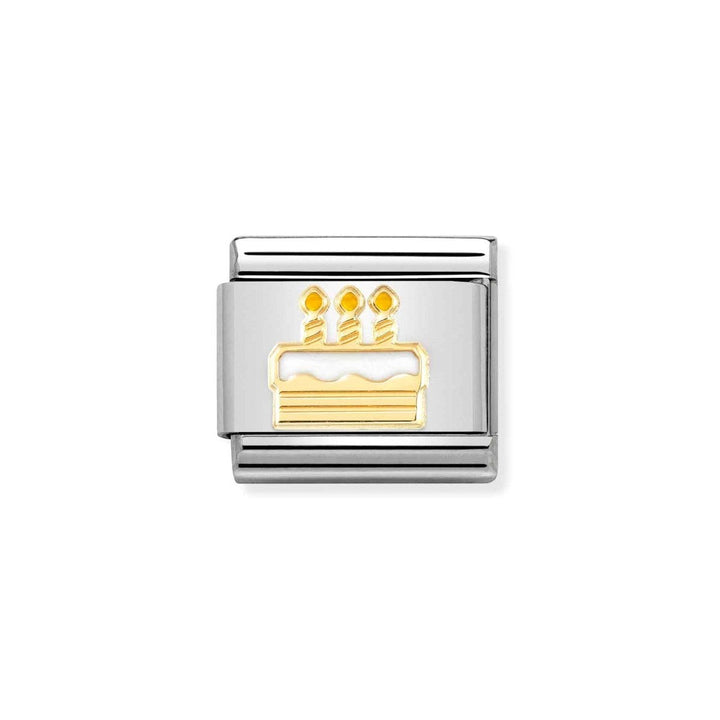 Niche Jewellery 18k gold and white enamel birthday cake charm with three candles.