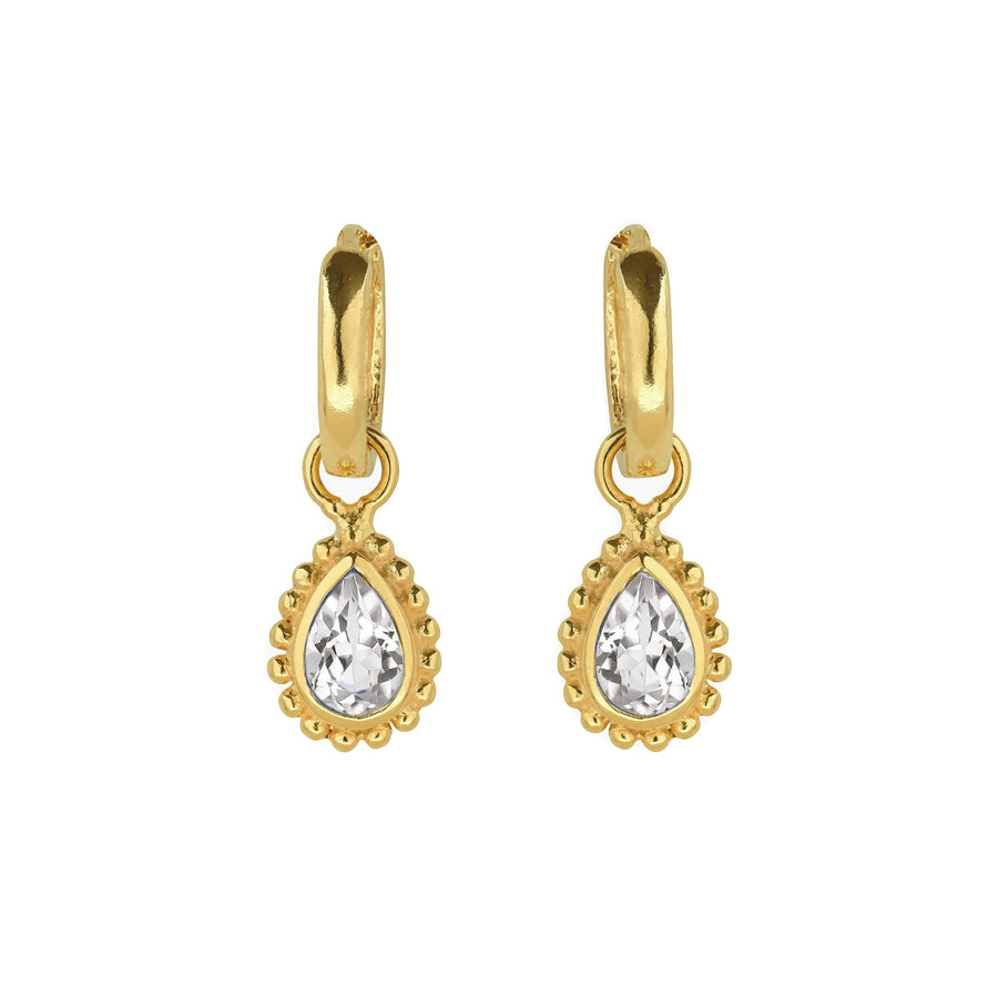 Niche Jewellery Charlotte's Web gold huggie hoops with pear-cut white topaz in a beaded Rawa style setting.
