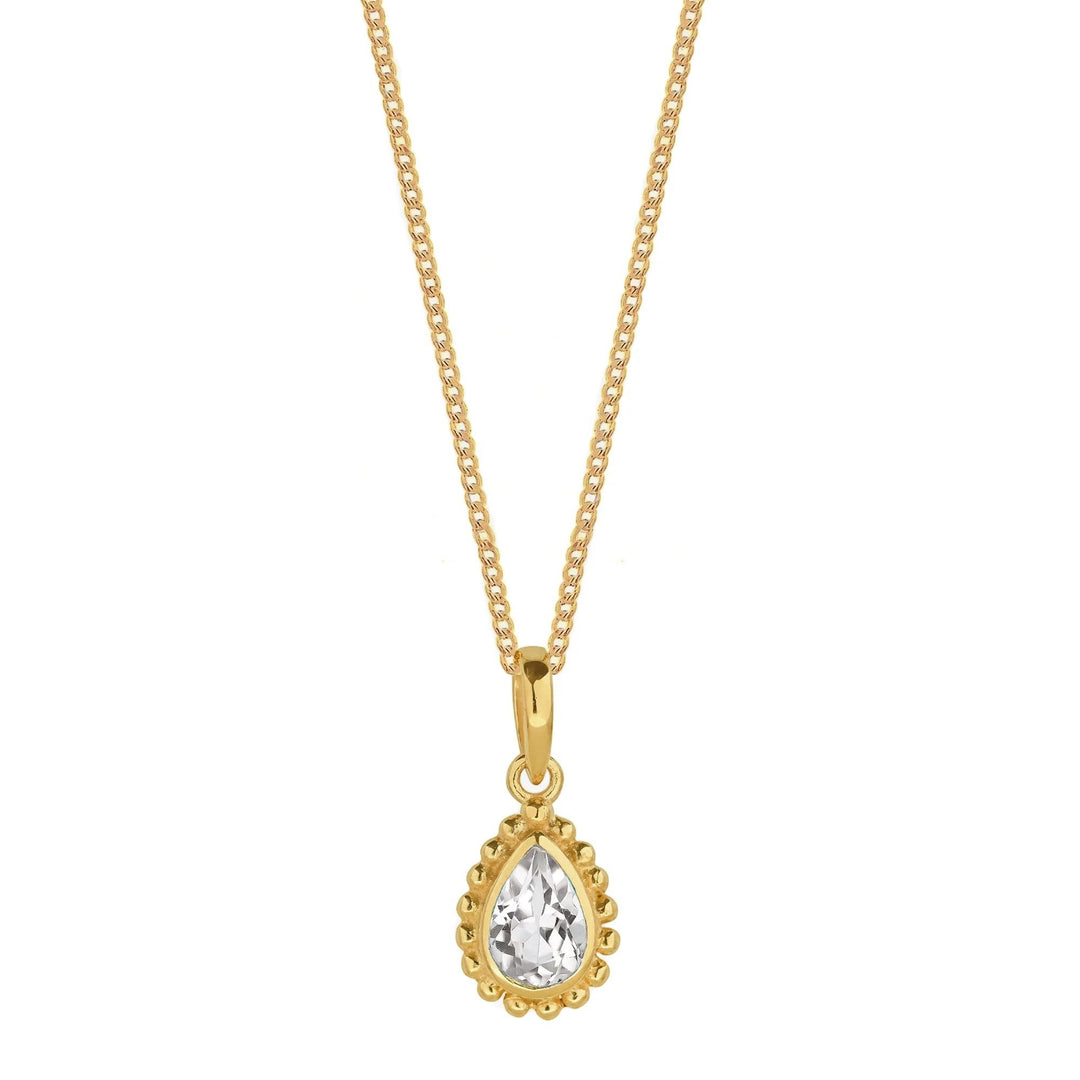 Niche Jewellery Charlotte's Web  gold necklace featuring a pear-shaped white topaz pendant with a beaded setting on a fine chain.