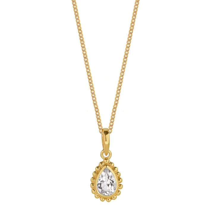 Niche Jewellery Charlotte's Web  gold necklace featuring a pear-shaped white topaz pendant with a beaded setting on a fine chain.