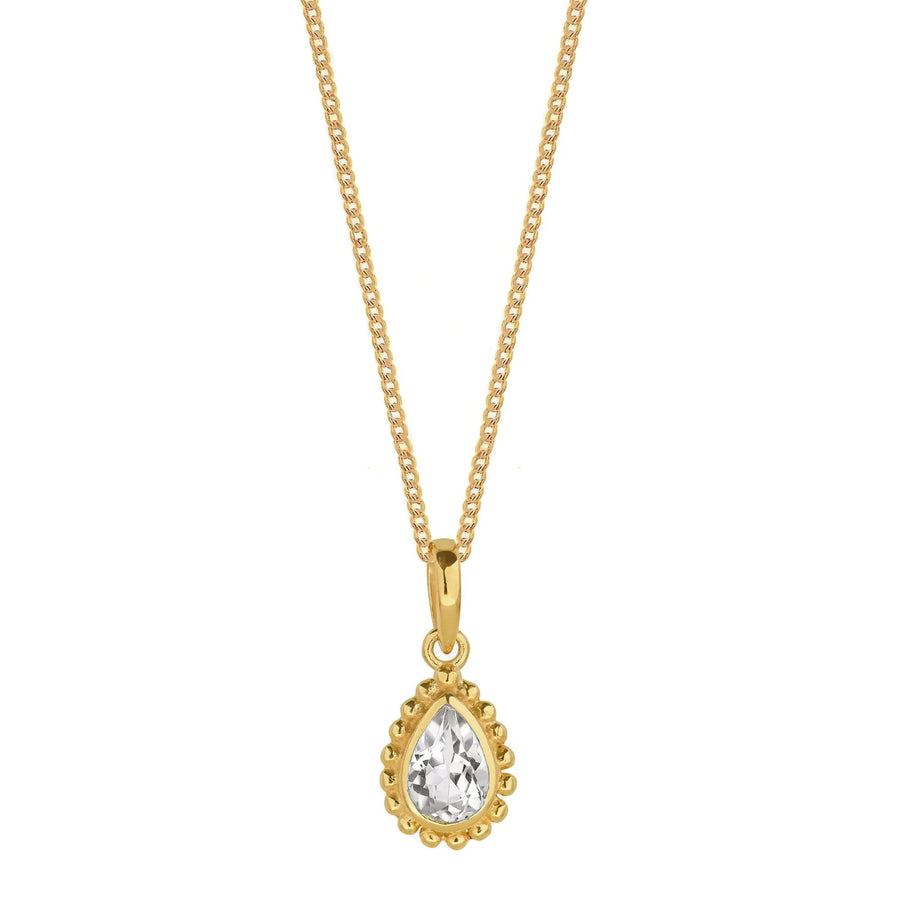 Niche Jewellery Charlotte's Web  gold necklace featuring a pear-shaped white topaz pendant with a beaded setting on a fine chain.