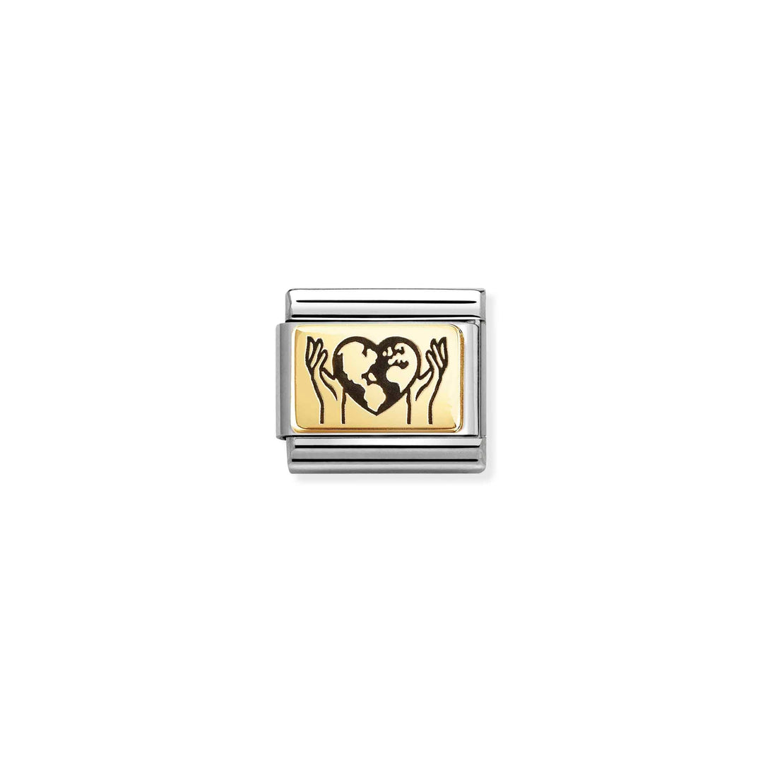 Niche Jewellery Nomination charm featuring a gold heart with hands holding a globe on a stainless steel link.