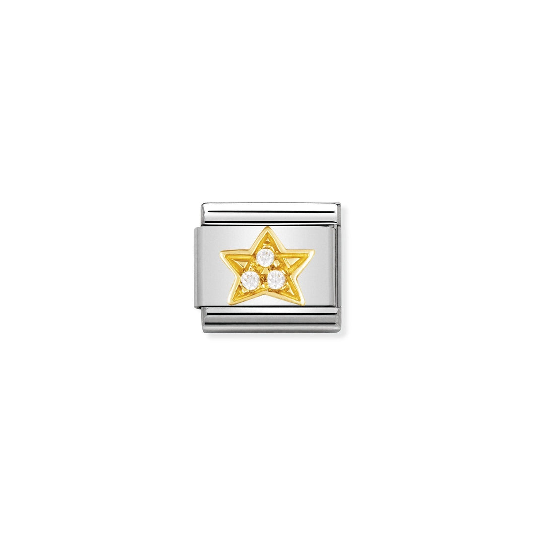 Niche Jewellery stainless steel charm with 18k gold plating, featuring a yellow gold star with three white zirconia stones.