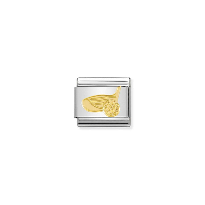 Niche Jewellery Nomination stainless steel charm with 18k gold golf ball and club design.