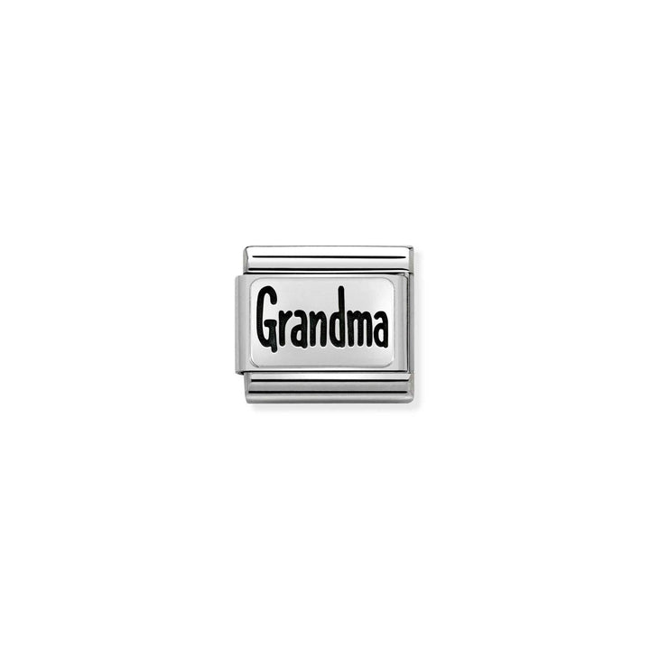 Niche Jewellery stainless steel Nomination charm featuring the word Grandma in black oxidised lettering
