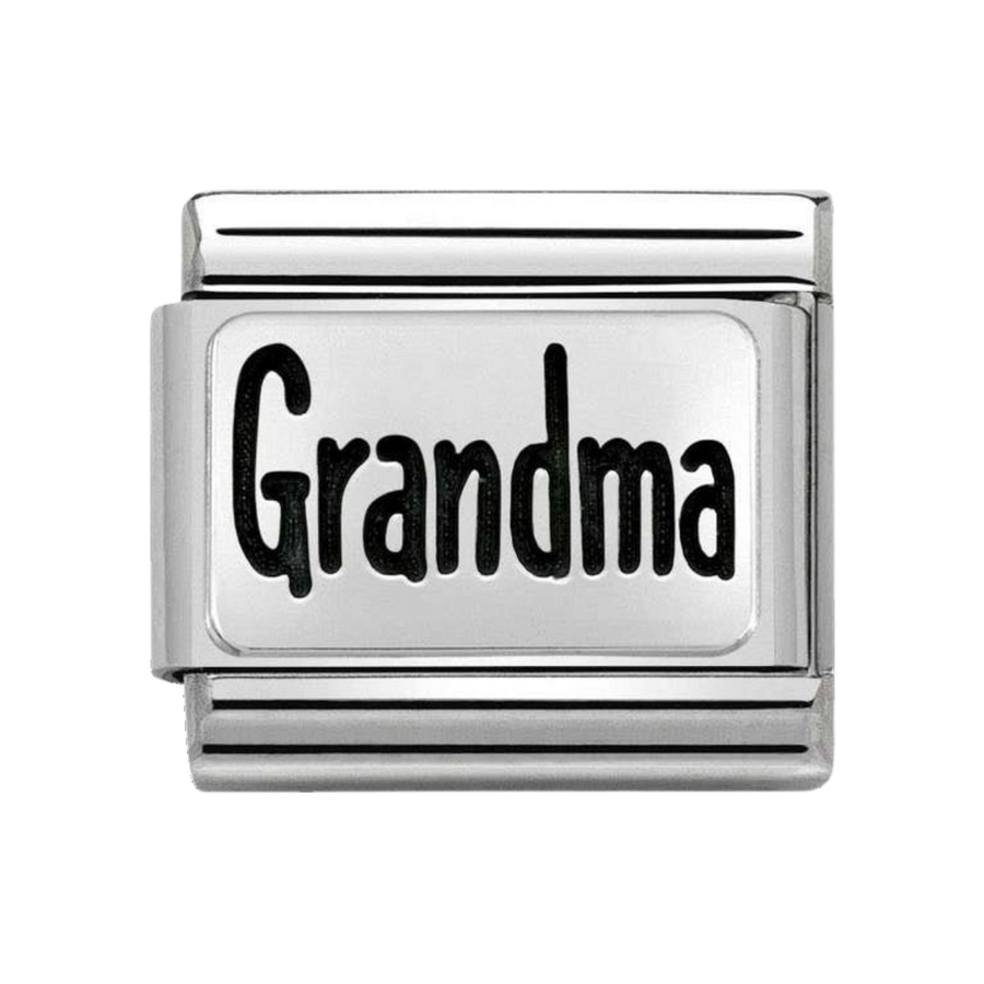 Niche Jewellery stainless steel Nomination charm featuring the word Grandma in black oxidised lettering