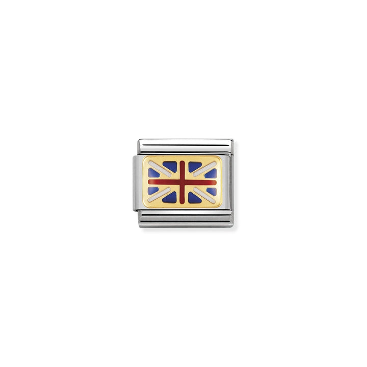 Niche Jewellery Nomination charm featuring a Great Britain flag in enamel on an 18k gold base for Classic bracelets.