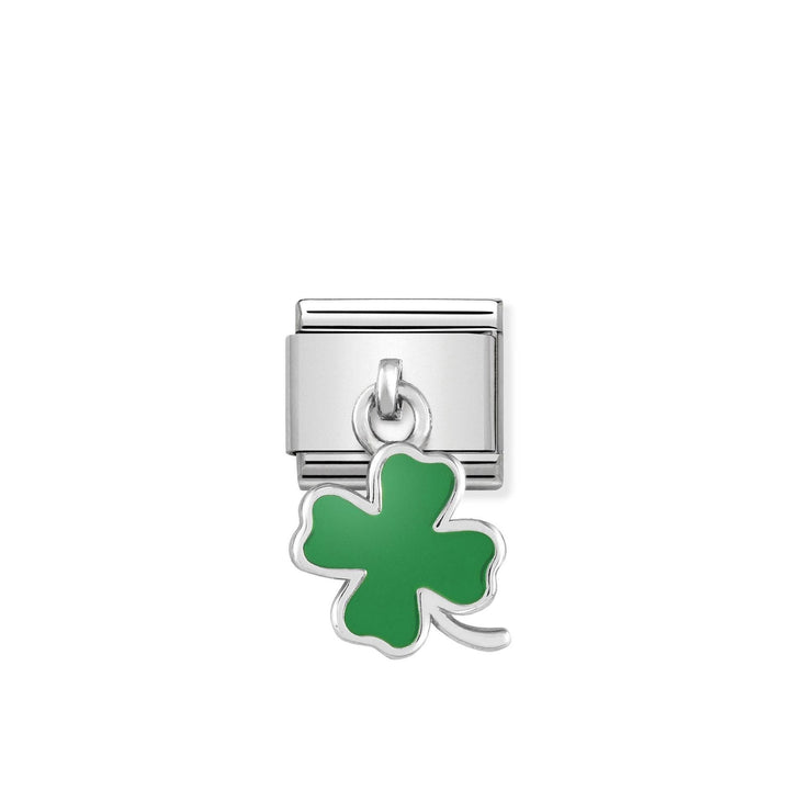 Niche Jewellery silver charm with a green enamel four-leaf clover drop. Stainless steel base.