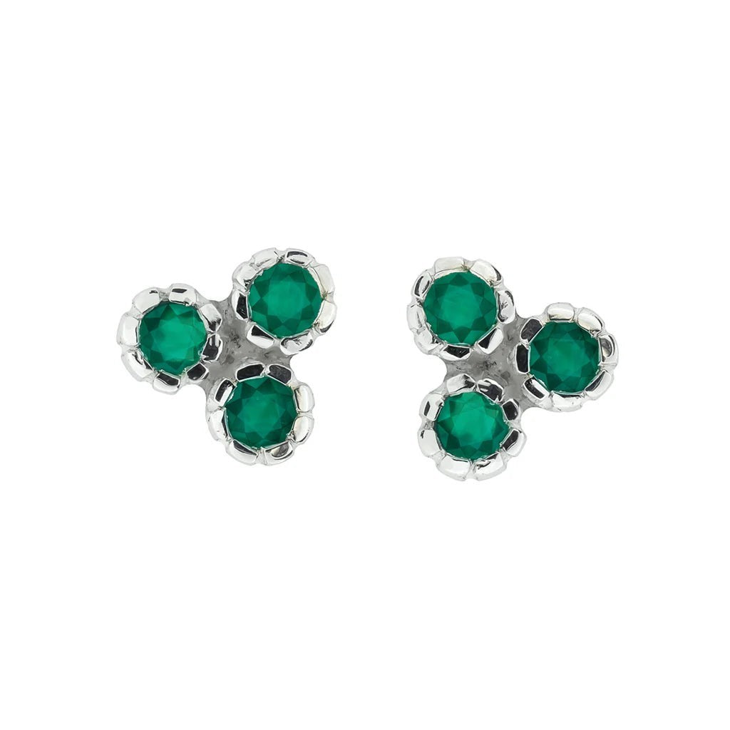 Niche Jewellery Charlotte's Web Threeni stud earrings featuring a trio of green onyx stones set in recycled silver.