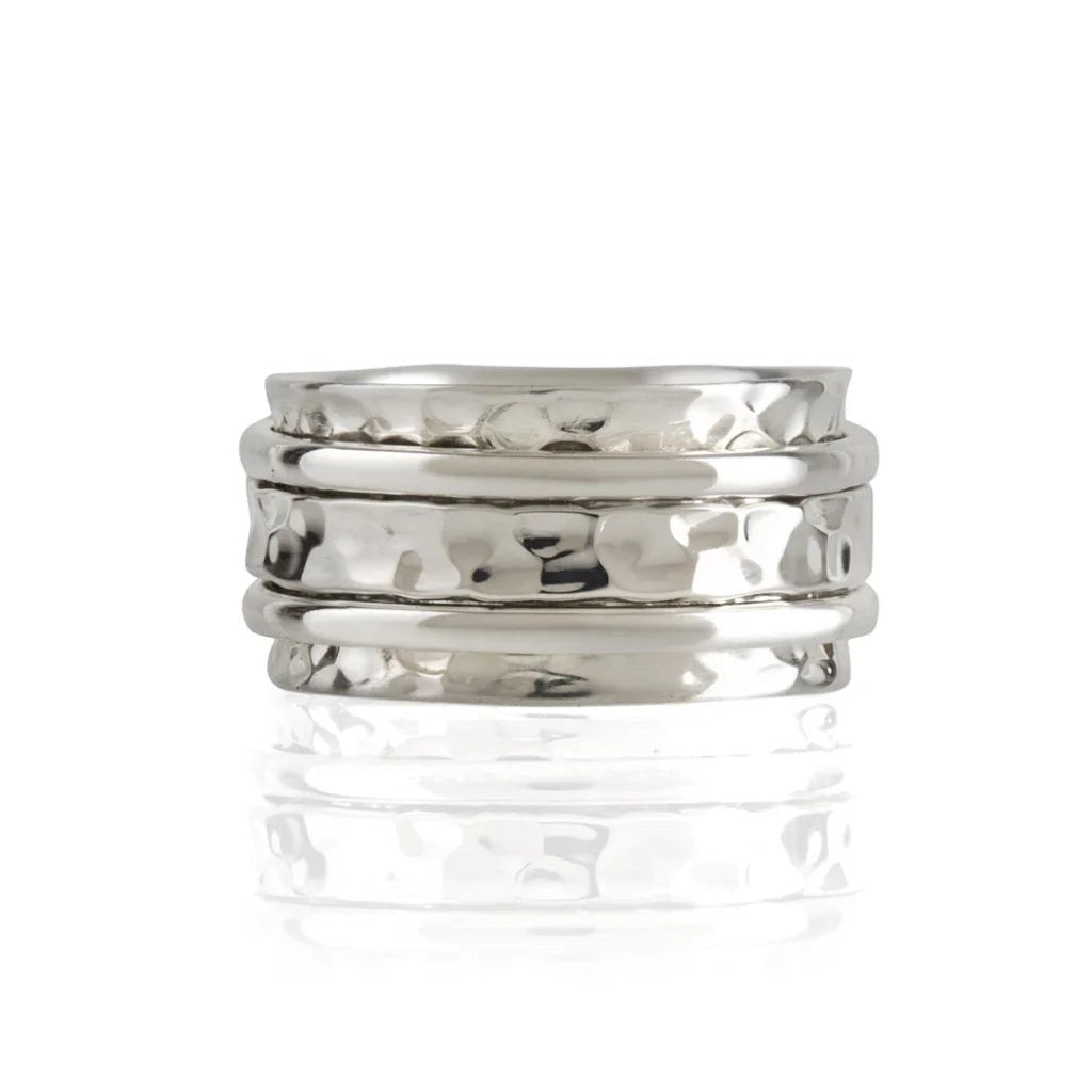 Niche Jewellery Charlotte's Web Karma Abundance spinning ring in hammered recycled sterling silver