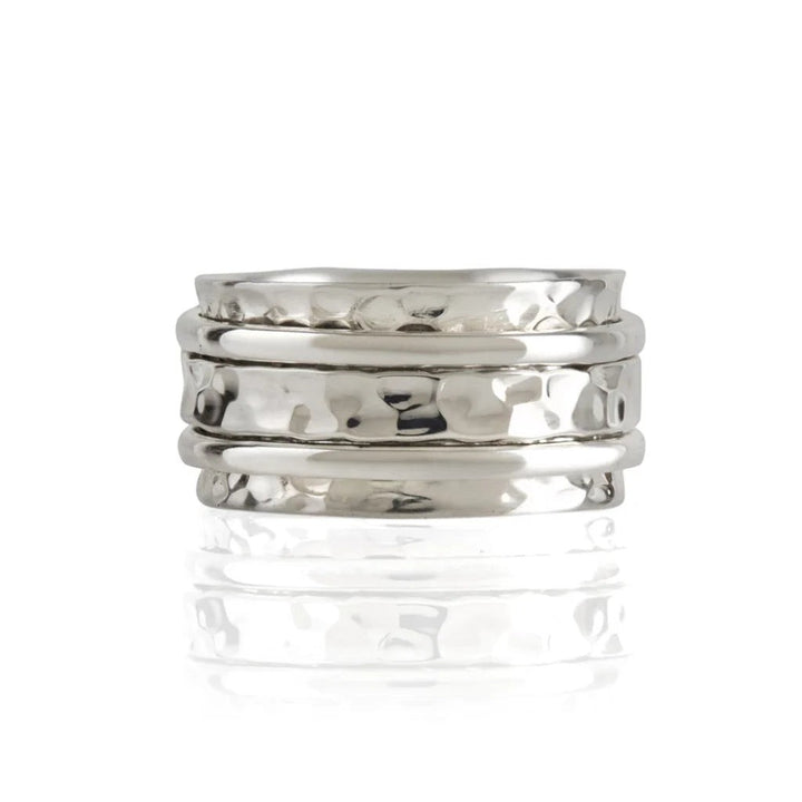 Niche Jewellery Charlotte's Web Karma Abundance spinning ring in hammered recycled sterling silver