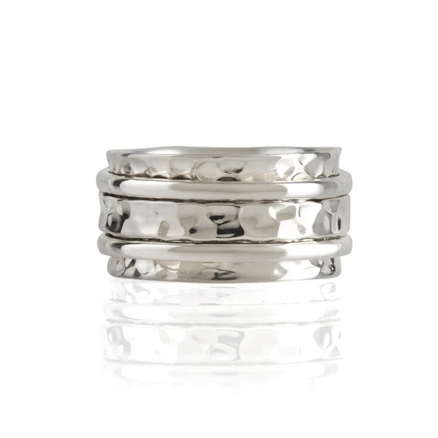 Niche Jewellery Charlotte's Web Karma Abundance spinning ring in hammered recycled sterling silver