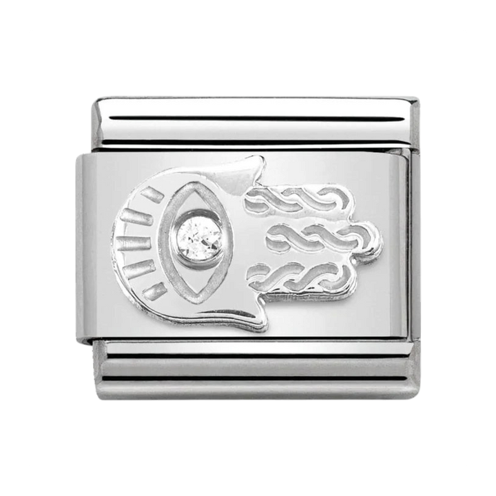 Niche Jewellery Nomination Classic silver charm featuring a Hamsa Hand of Fatima design with a sparkling cubic zirconia.