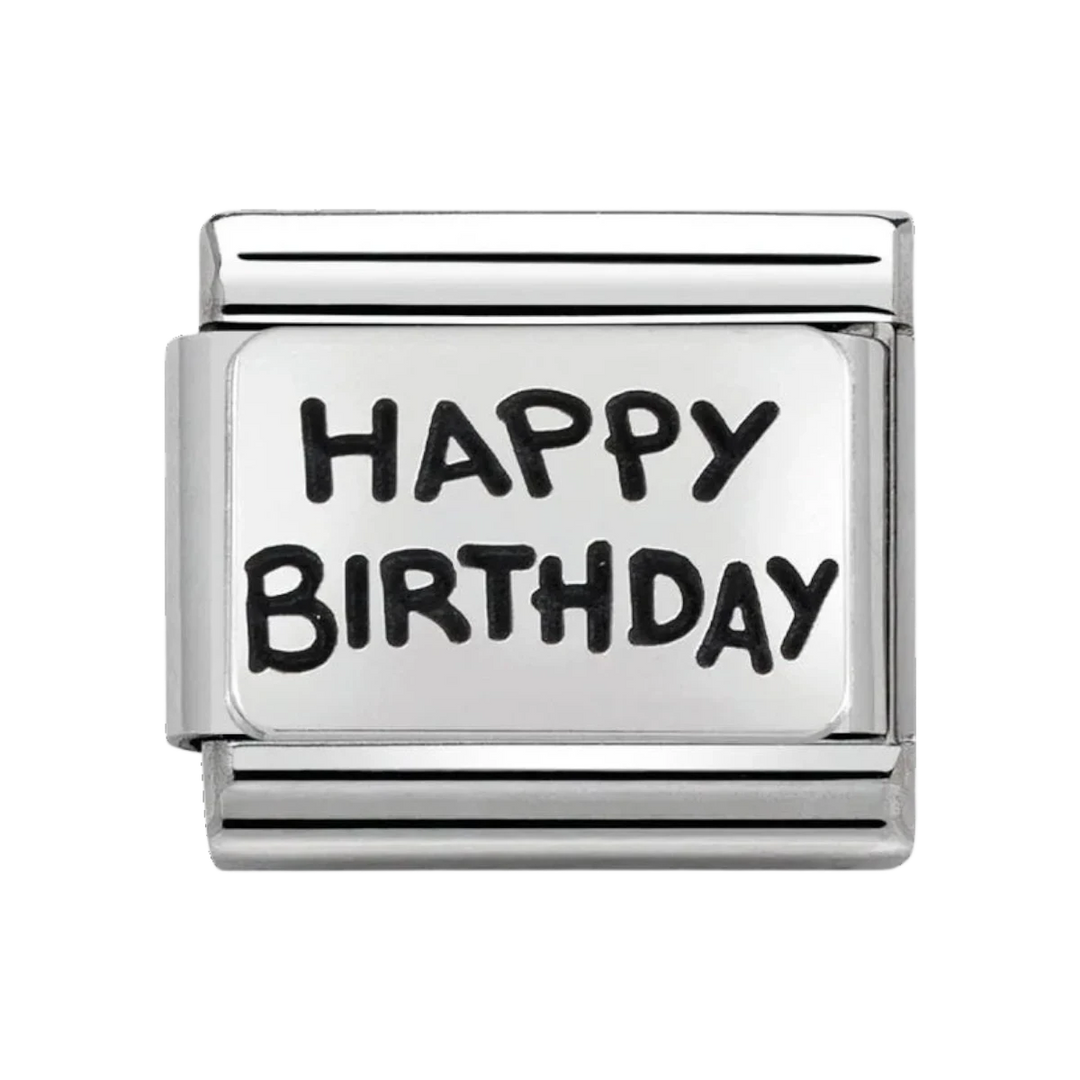 Niche Jewellery Nomination stainless steel charm with oxidised silver Happy Birthday engraving for classic bracelets