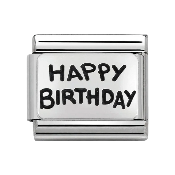 Niche Jewellery Nomination stainless steel charm with oxidised silver Happy Birthday engraving for classic bracelets