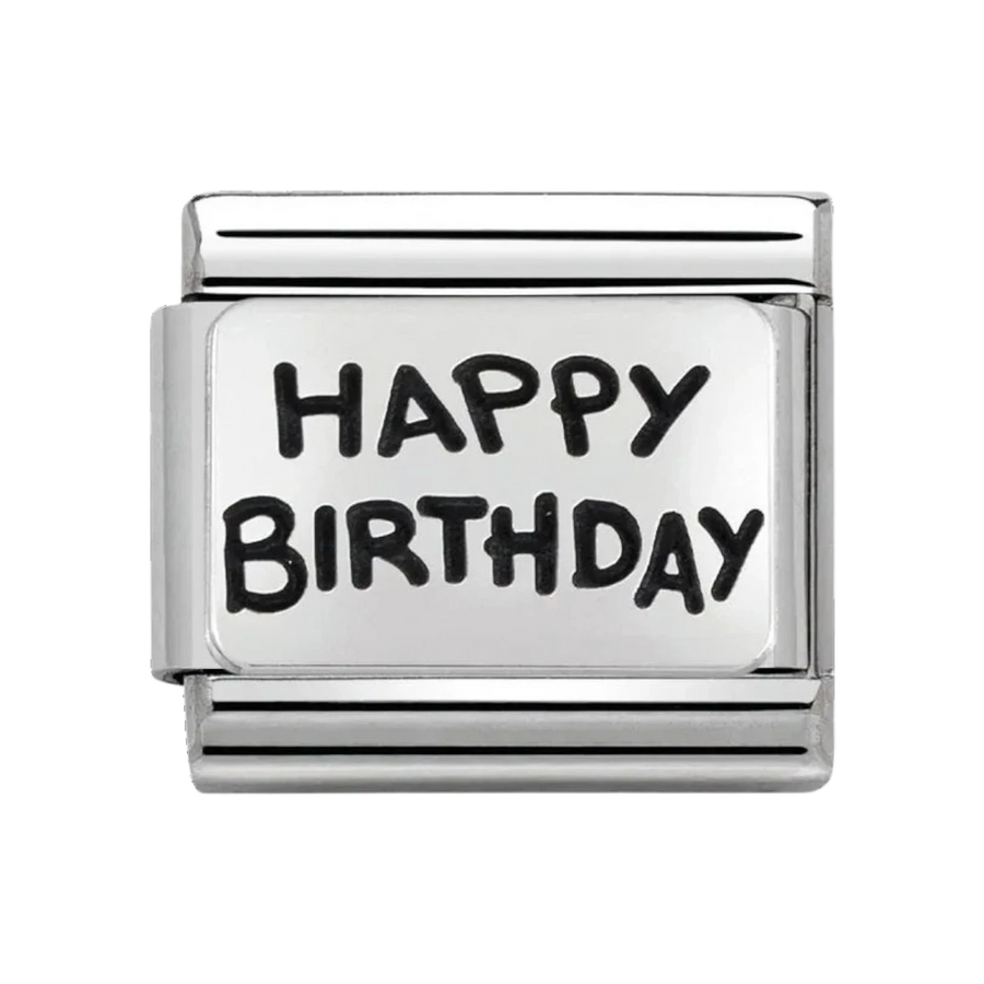 Niche Jewellery Nomination stainless steel charm with oxidised silver Happy Birthday engraving for classic bracelets