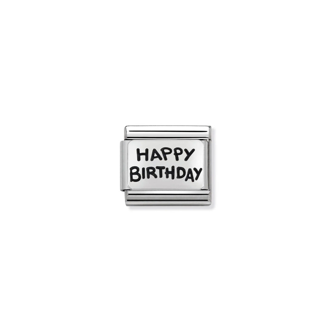Niche Jewellery Nomination stainless steel charm with oxidised silver Happy Birthday engraving for classic bracelets