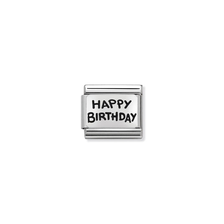 Niche Jewellery Nomination stainless steel charm with oxidised silver Happy Birthday engraving for classic bracelets