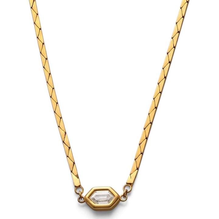 Niche Jewellery Katie Loxton Harlequin gold-tone waterproof necklace with a diamond-check pendant on a flat chain.