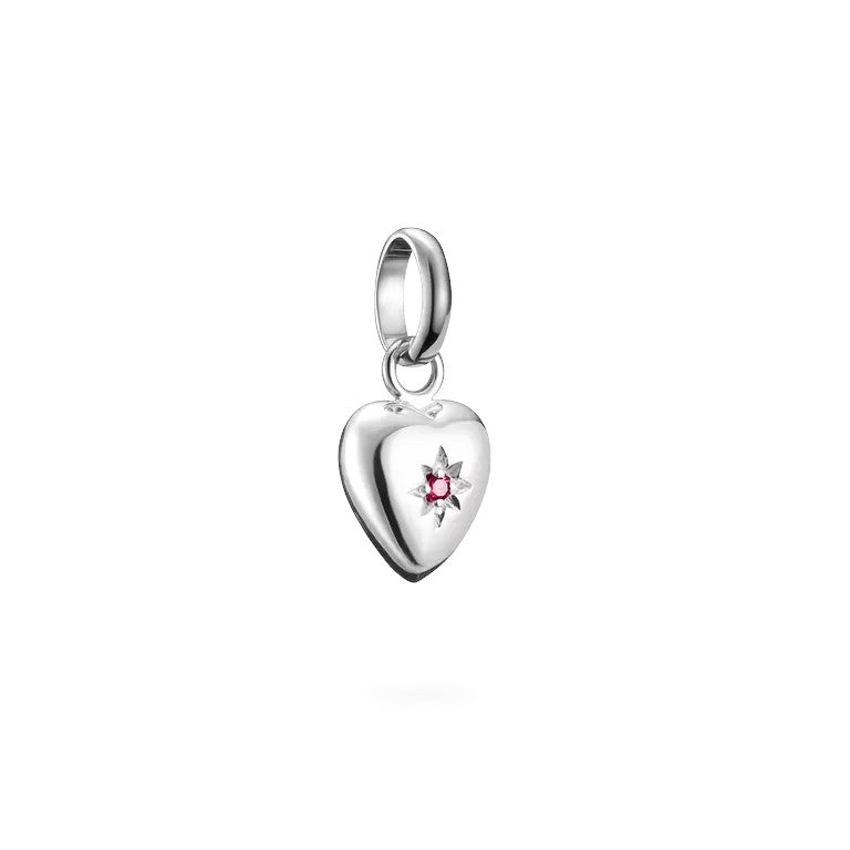 Niche Jewellery Sterling Silver Heart Charm with Star Engraving and Ruby Accent