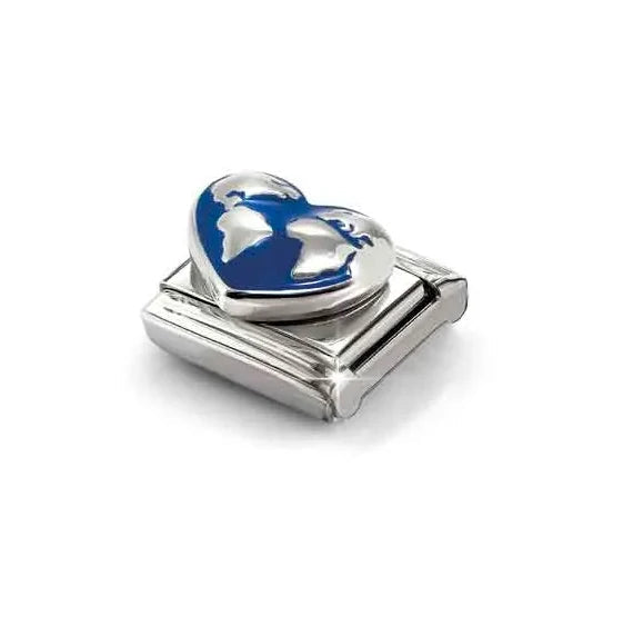 Niche Jewellery Nomination silver and blue enamel heart globe charm for classic bracelets