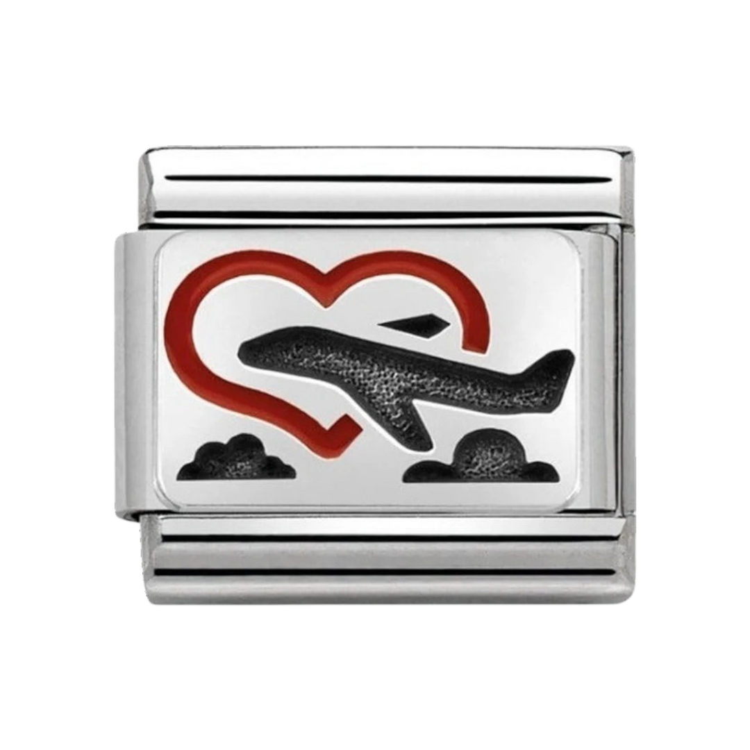 Niche Jewellery stainless steel charm with red enamel heart and black plane design, perfect for travel lovers.