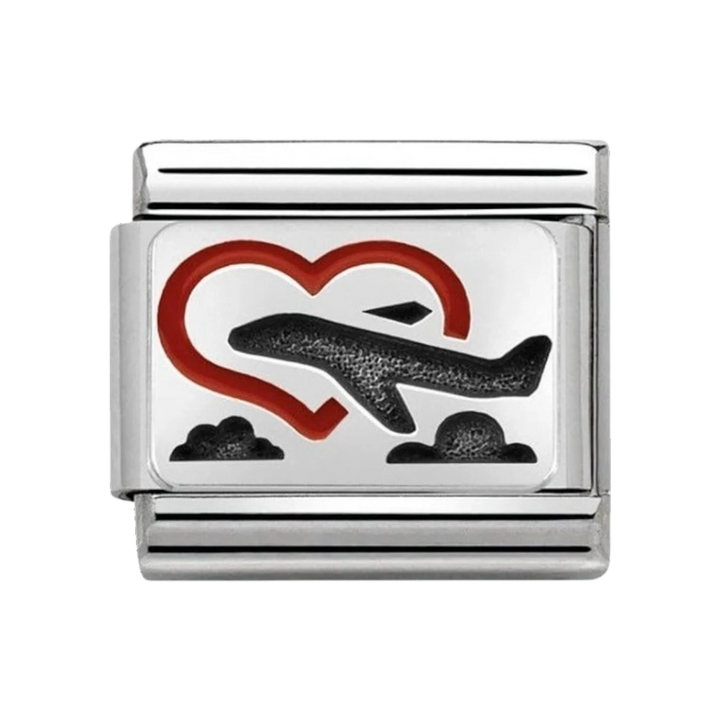 Niche Jewellery stainless steel charm with red enamel heart and black plane design, perfect for travel lovers.
