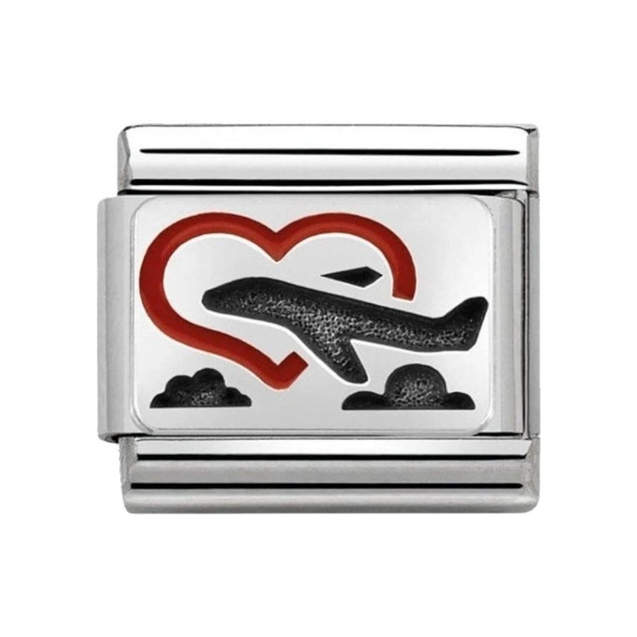 Niche Jewellery stainless steel charm with red enamel heart and black plane design, perfect for travel lovers.