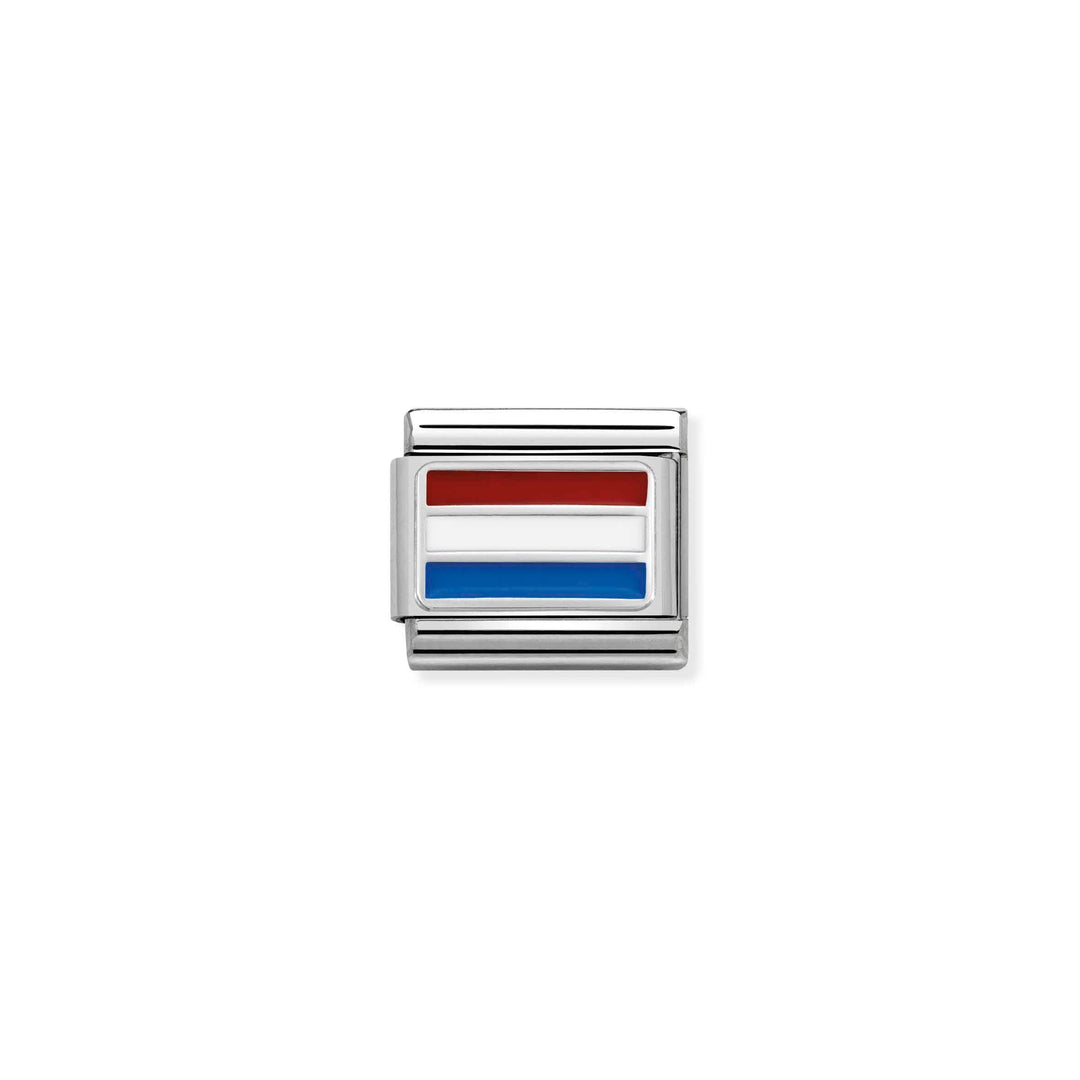 Niche Jewellery Nomination charm featuring the Dutch flag in red, white, and blue enamel on a silver link.