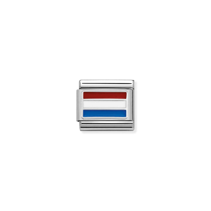 Niche Jewellery Nomination charm featuring the Dutch flag in red, white, and blue enamel on a silver link.