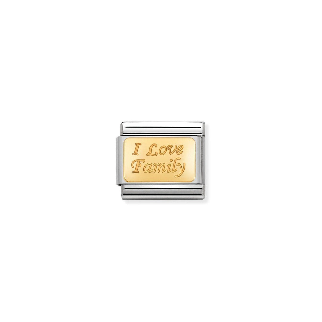 Niche Jewellery stainless steel and 18k gold charm engraved with 'I Love Family' in a script font.