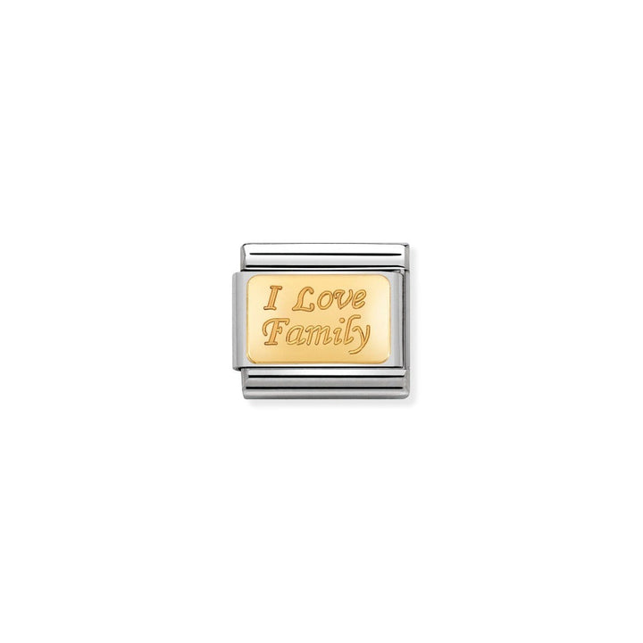 Niche Jewellery stainless steel and 18k gold charm engraved with 'I Love Family' in a script font.