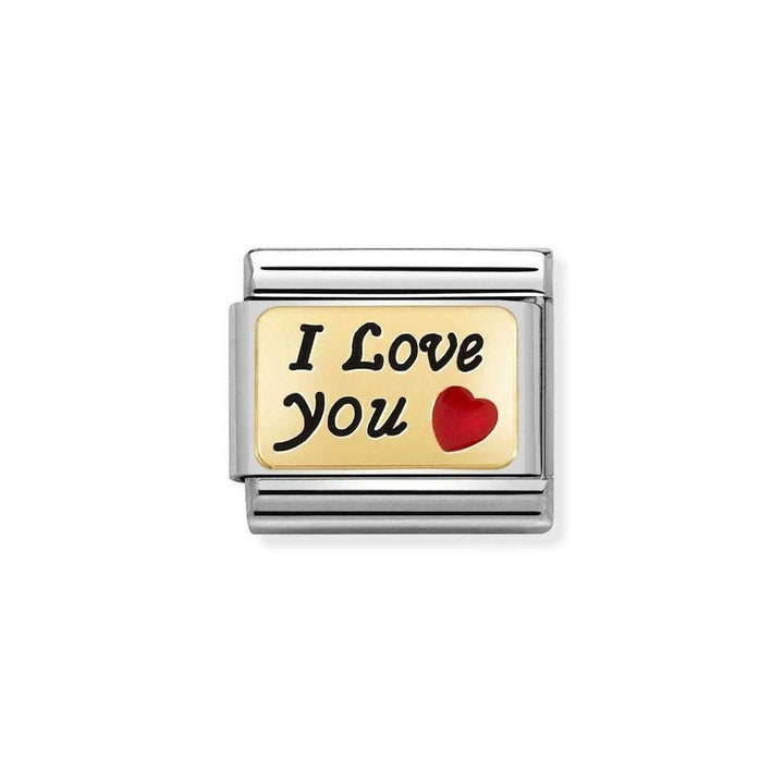 Niche Jewellery sterling silver charm with 18k gold plating, red enamel heart and 'I Love You' text.